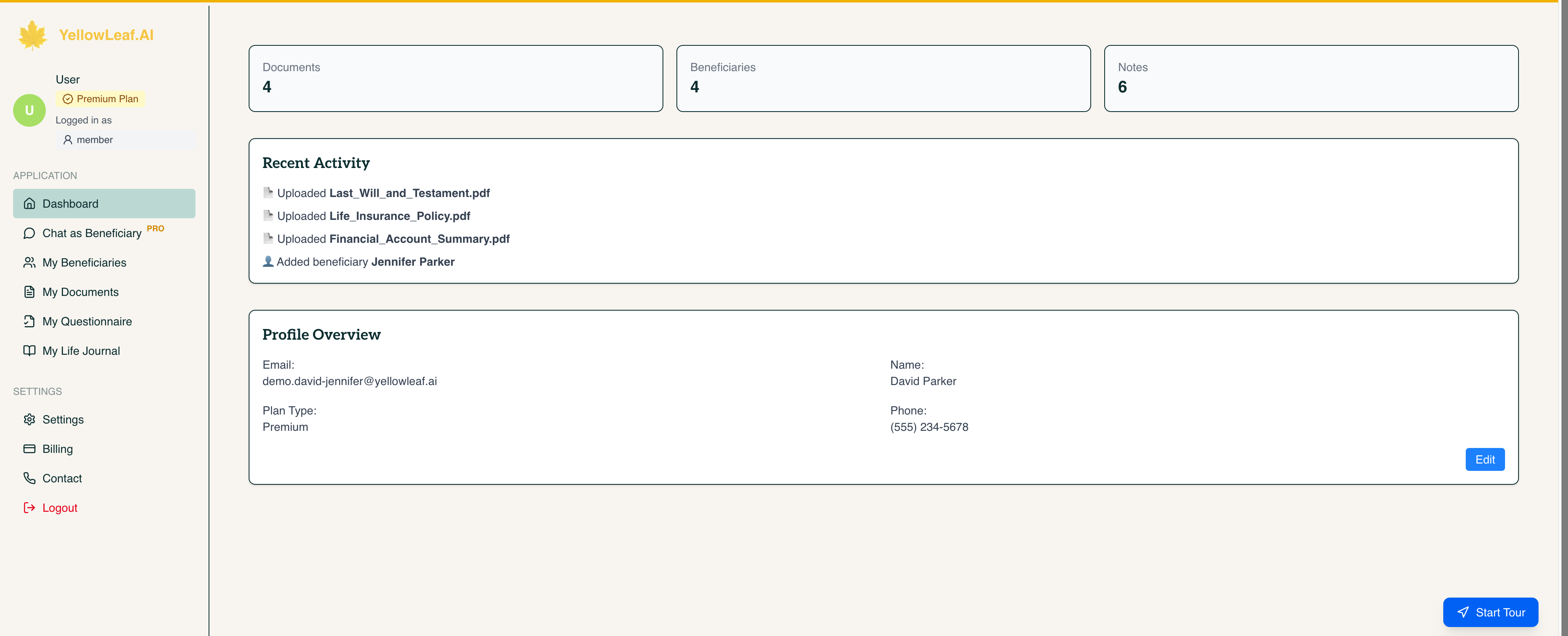 YellowLeaf.ai Dashboard - Main interface showing legacy status and documents