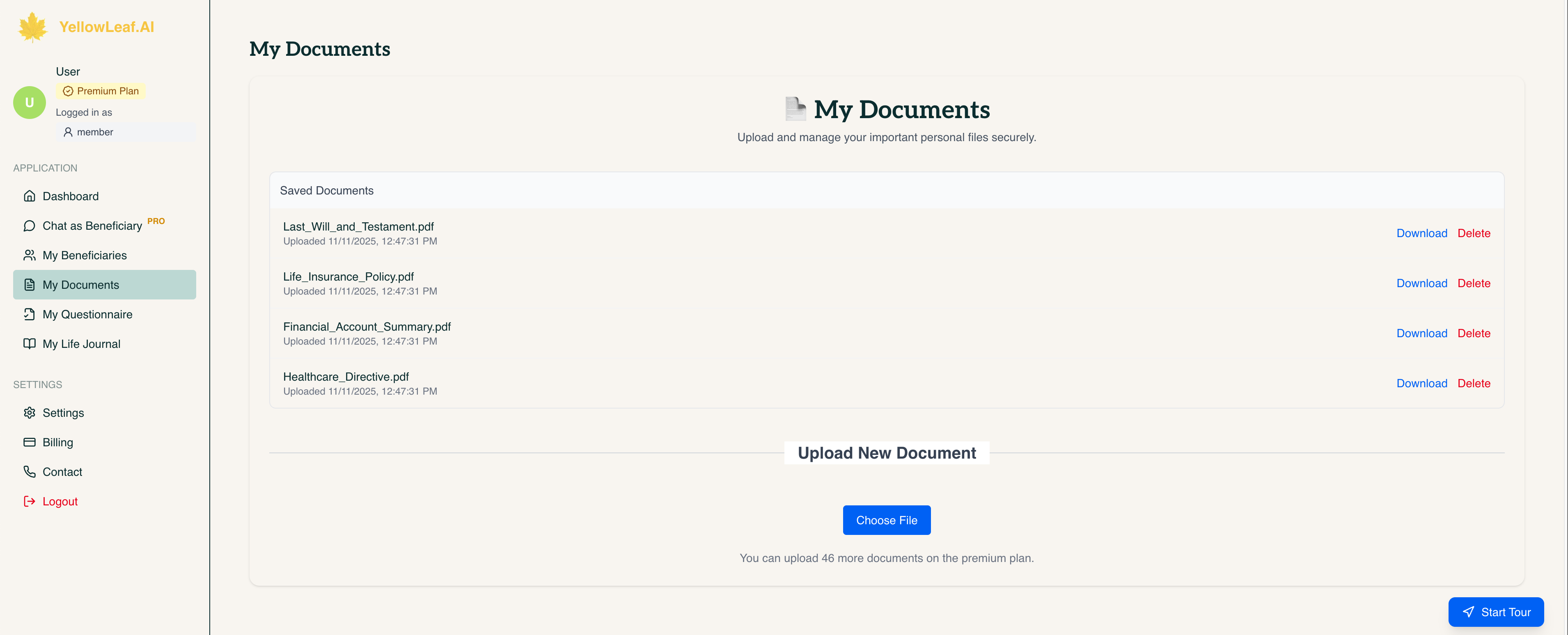 YellowLeaf.ai Secure Vault - Encrypted storage for important documents