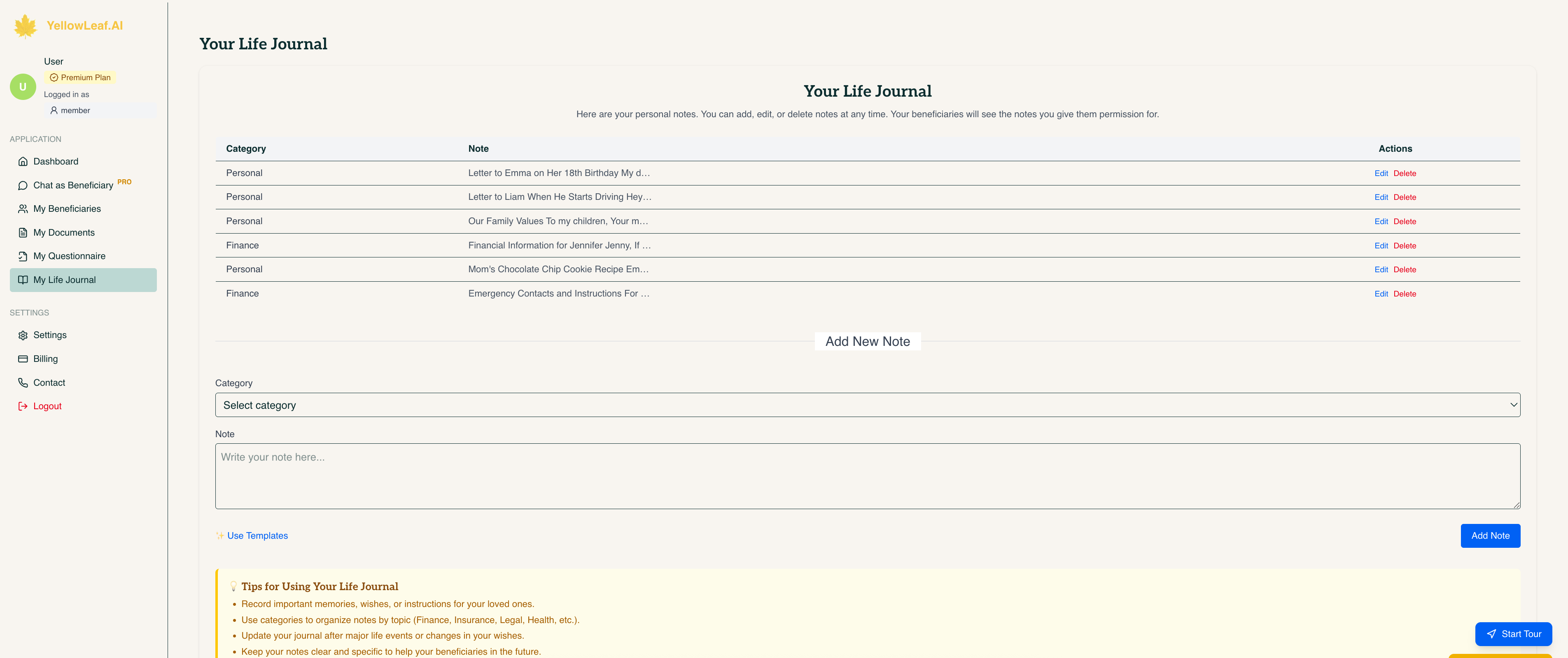 YellowLeaf.ai Life Journal - Capture important memories, wishes, and instructions