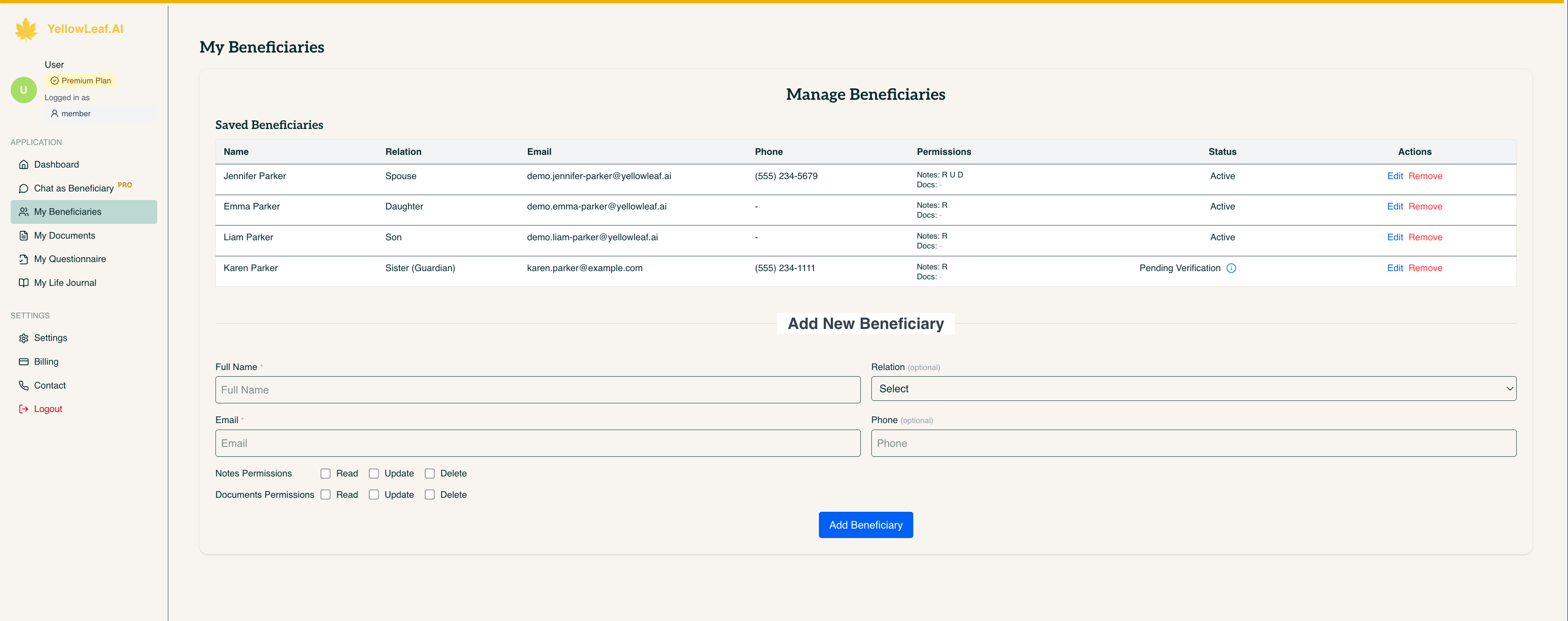 YellowLeaf.ai Beneficiaries - Add family and manage access controls